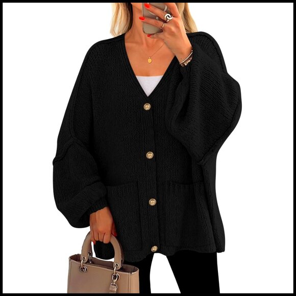 Oversized Chunky Knit Cardigan with Lantern Sleeves and Pockets